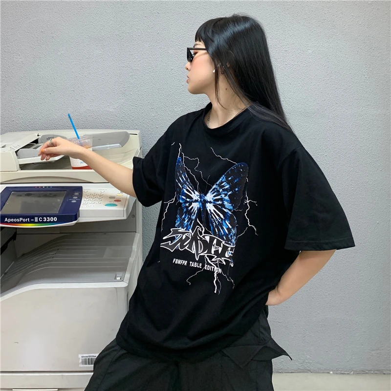 

Woman Cotton Tshirts Harajuku Butterfly Print y2k Tops Aesthetic Vintage Femme T-shirts Korean Style Oversized Tshirt
