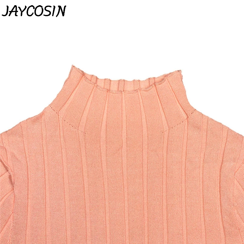 JAYCOSIN женское платье однотонное розовое с высоким воротником приталенное длинным