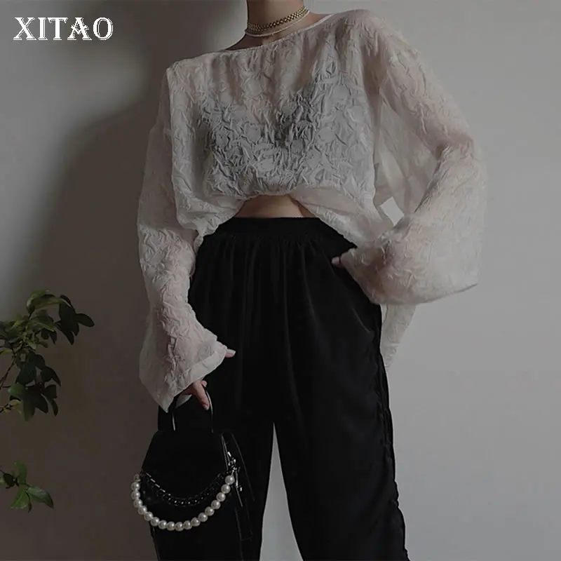 

XITAO New Women Hollow Out Backless T-shirt Solid Color Long Sleeve Summer Sun Protection Pullover Top Fashion Crumpled CLL1533