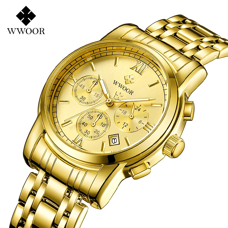 WWOOR Men Military Sport Wrist Watch Luxury Gold Quartz Chronograph Watch Mens Steel Business Waterproof Watch Relogio Masculino