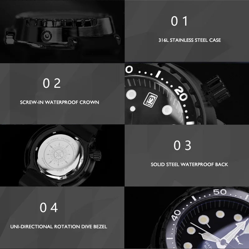 Мужские водонепроницаемые часы для дайвинга цвет черный | Наручные