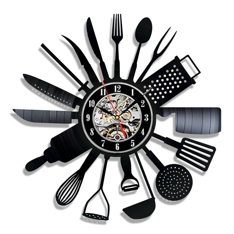 

Cutlery Vinyl Record Wall Clock Modern Design Spoon Fork Decorative Kitchen Vintage Vinyl Clock Wall Watch Home Decor Silent