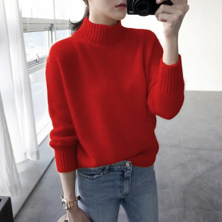 Женский пуловер повседневный однотонный мохер с круглым вырезом Модные осенние