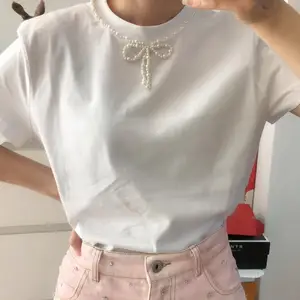 Новый бренд модное жемчужное ожерелье бисер бант украшение Белая футболка 2020 новый топ летний женский