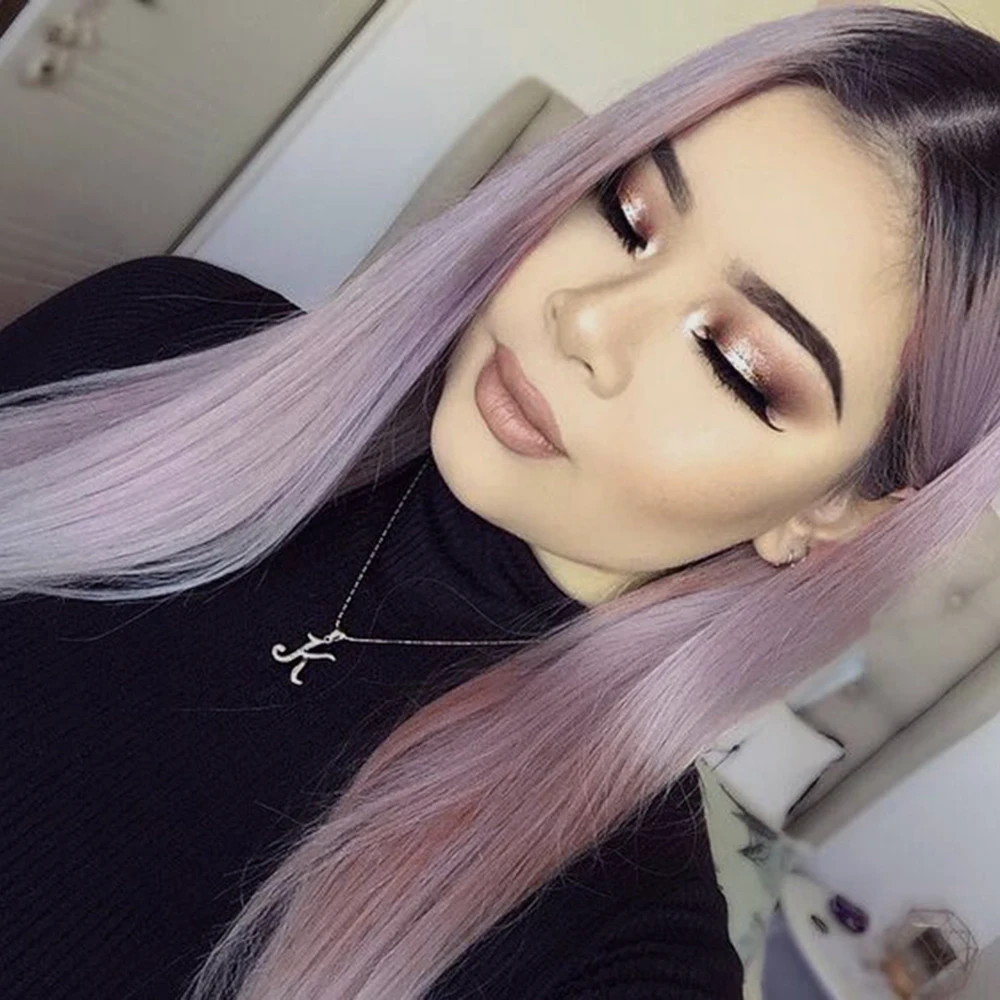 

AIMEYA Dark Roots Ombre Ash Pink 13×6 Silky straight Synthetic Lace Front Wig for Women Long Hair High Temperature Lace Wigs