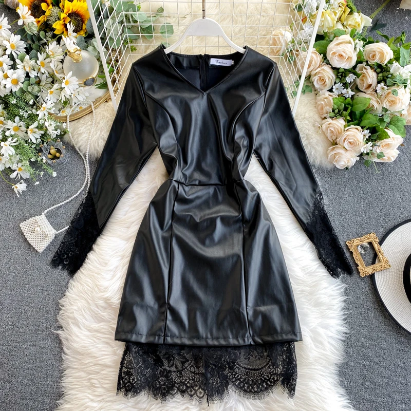 Amolapha женское кружевное лоскутное платье из искусственной кожи Vestidos с v образным