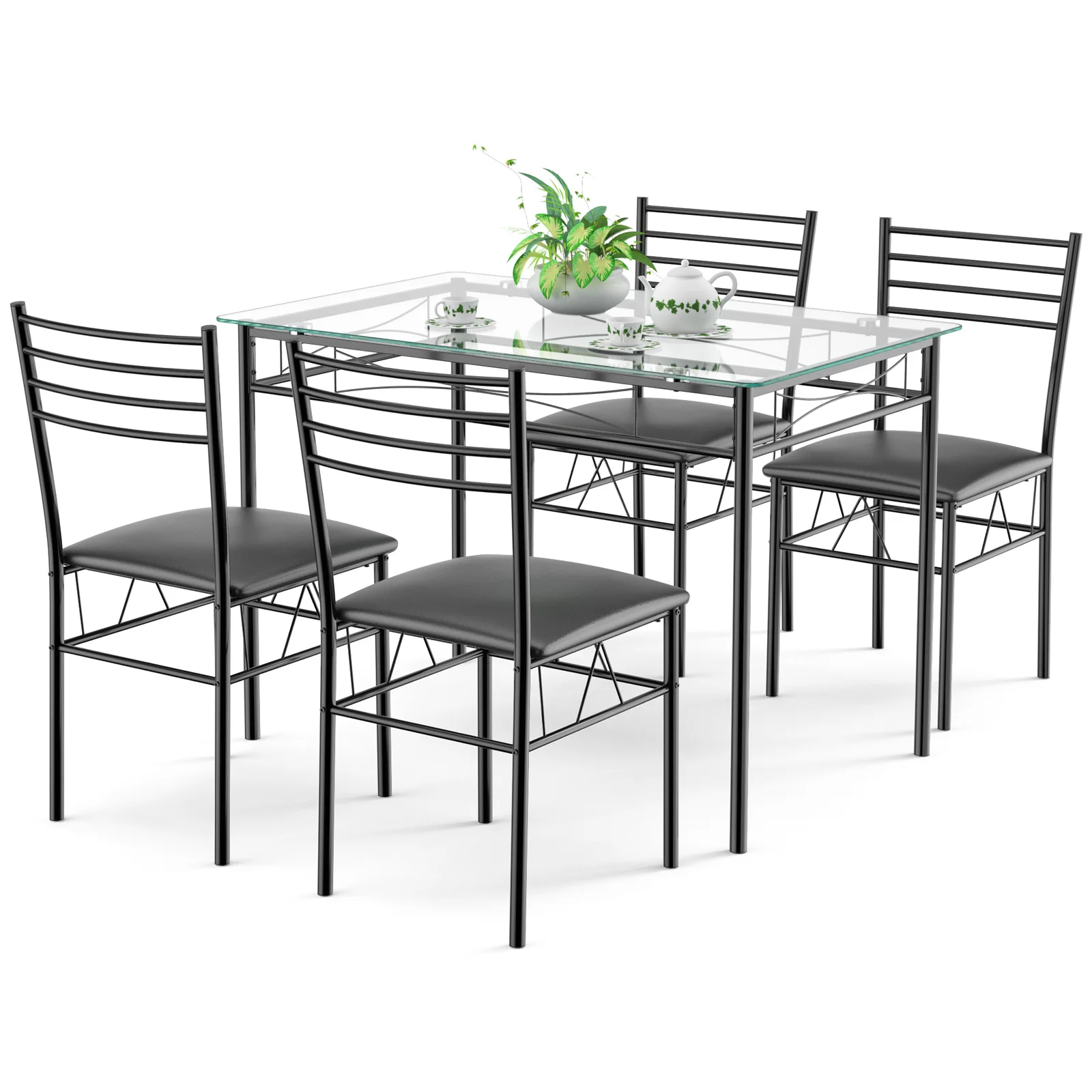

5PC Dining Set Modern Dining Room Tempered Glass Top Table & 4 Upholstered Dining Chairs Kitchen Furniture HW61400