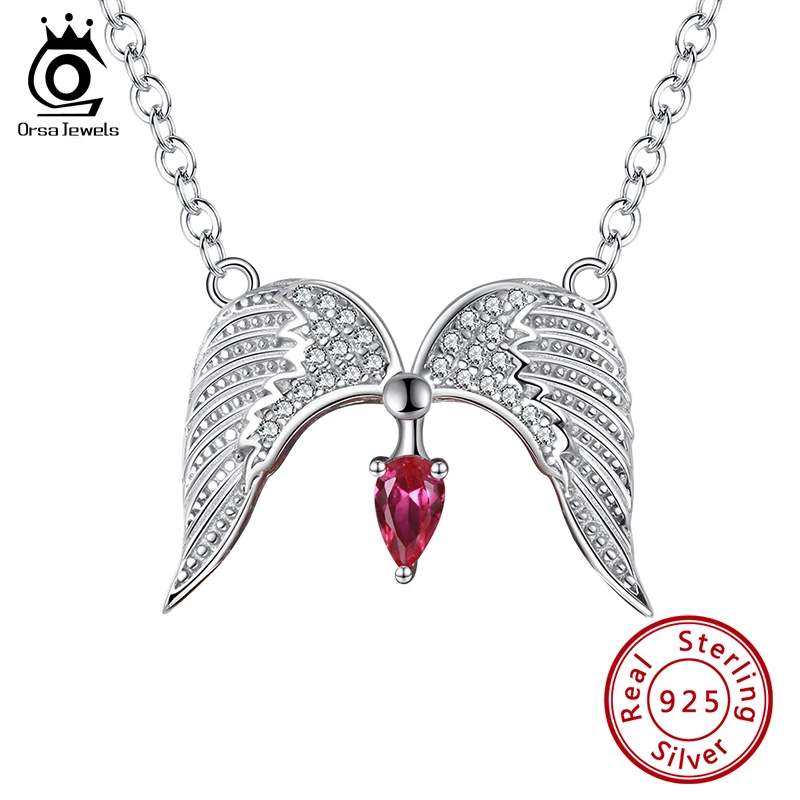 

ORSA JEWELS 925 Sterling Silver Unique Angel's Wings Pendants Necklace with Red CZ Fashion Women Girl Pendant Jewelry Gift SN292