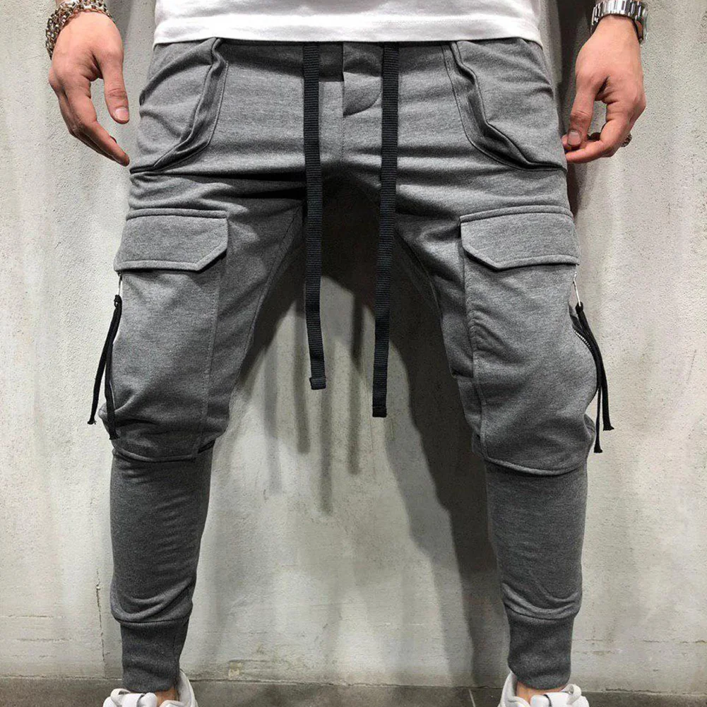 Спортивные мужские однотонные брюки карго со шнуровкой и несколькими карманами