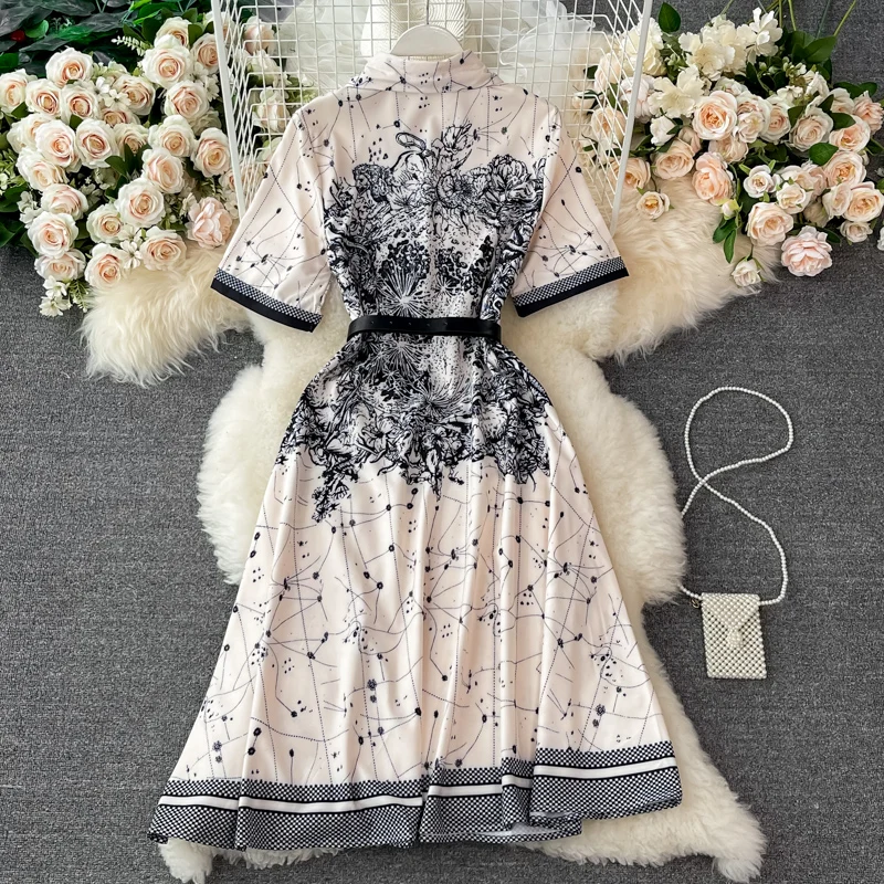 

New Women's Runway Fashion Short Sleeve Turn Down Collar Print Belt Vintage Dress for Summer Casual Aline Midi Holiday Vestidos
