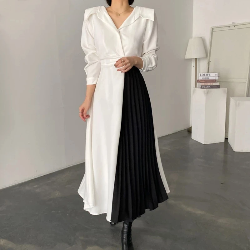 Женское элегантное платье трапециевидной формы с отворотами приталенное