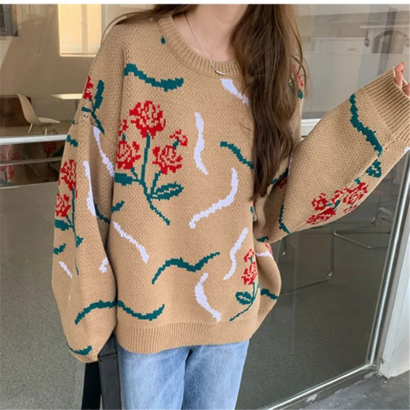 

Floral Knitted O-neck Vintage Women Sweater Jumpers 2021 Spring Full Sleeve Korean Fashion Female Pullovers Tops Femme