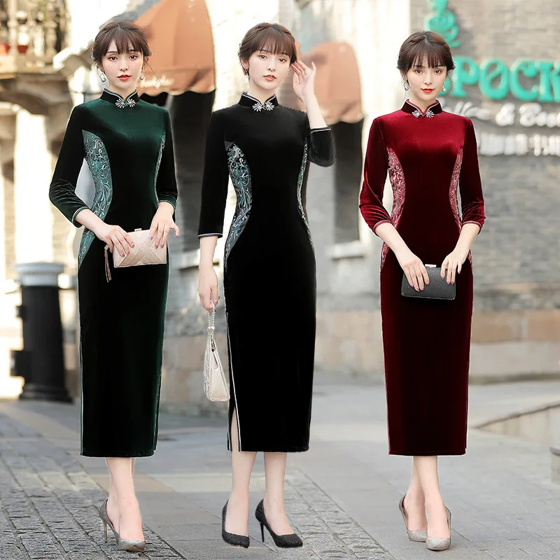 

Autumn Women Seven Points Sleeve Velour Long Qipao Elegant Orientale Banquet Mandarin Collar Embroidery Cheongsam Oversize 4XL