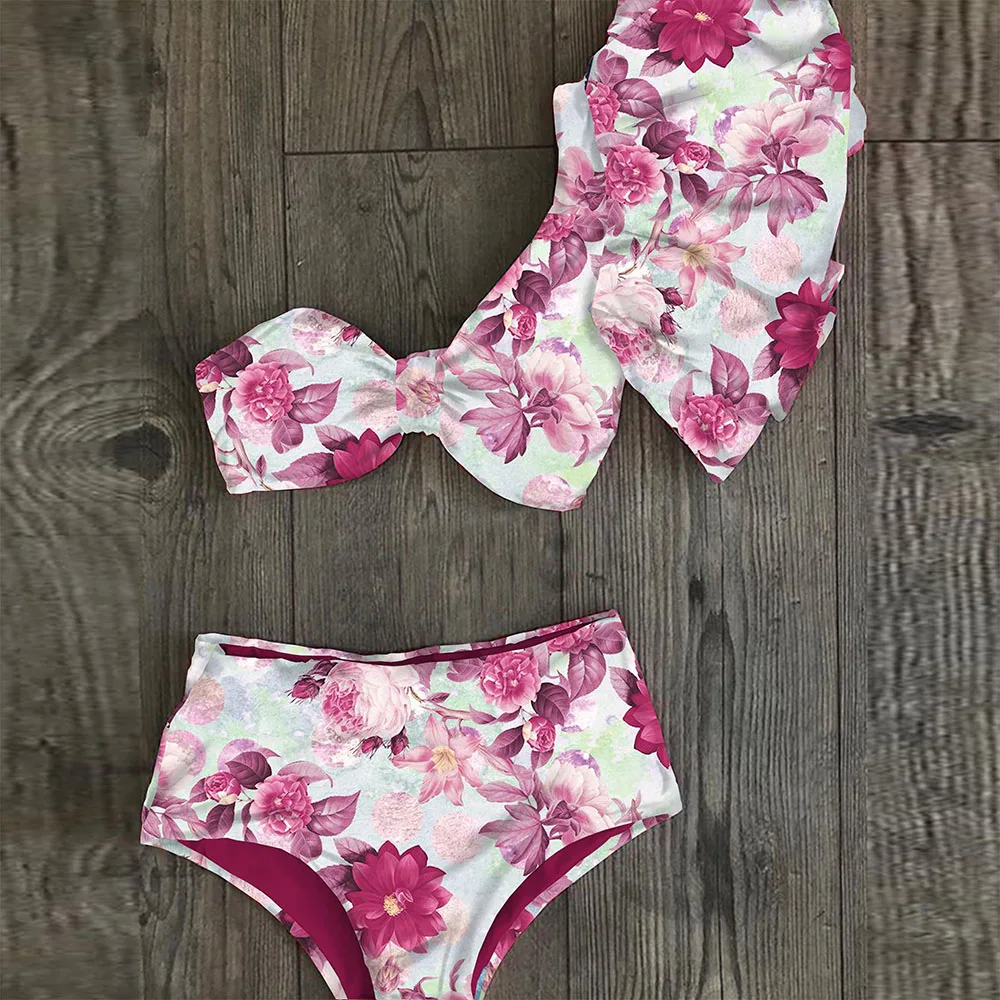 

One Shoulder Bikini Set 2021 Sexy Ruffle Swimwear Women Swimsuit High Waist Bathing Suit Beachwear Red Print Biquini female