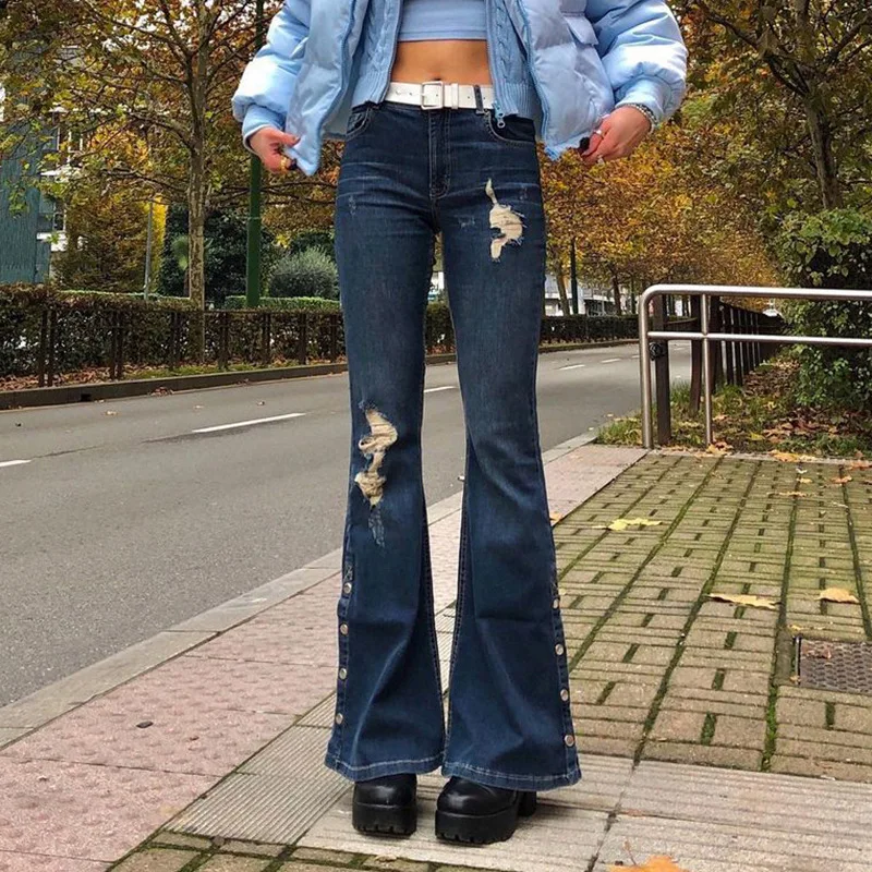 

Уличные трендовые индивидуальные рваные джинсовые брюки с низкой талией и несколькими пуговицами без застежек 2021 женские джинсы женские б...