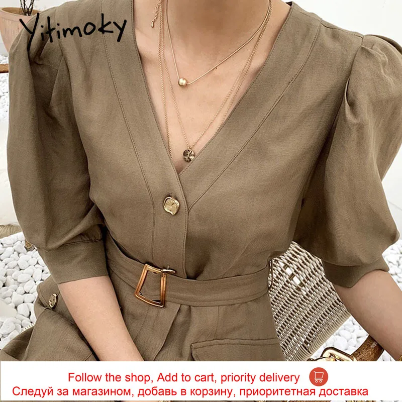 

Yitimoky Vintage Woman Dress V-neck Single Breasted Puff Sleeve 2021 Summer Korean Elegant Office Ruffles Long Dresses with Belt