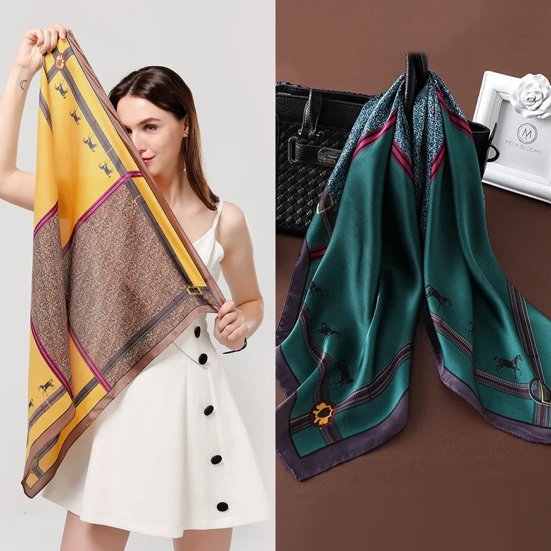 

2022 Women Silk Scarf Luxury Horse Print Shawl Brand Square Neck Scarves Fashion Lady Foulard Head Band Large Handkerchief New