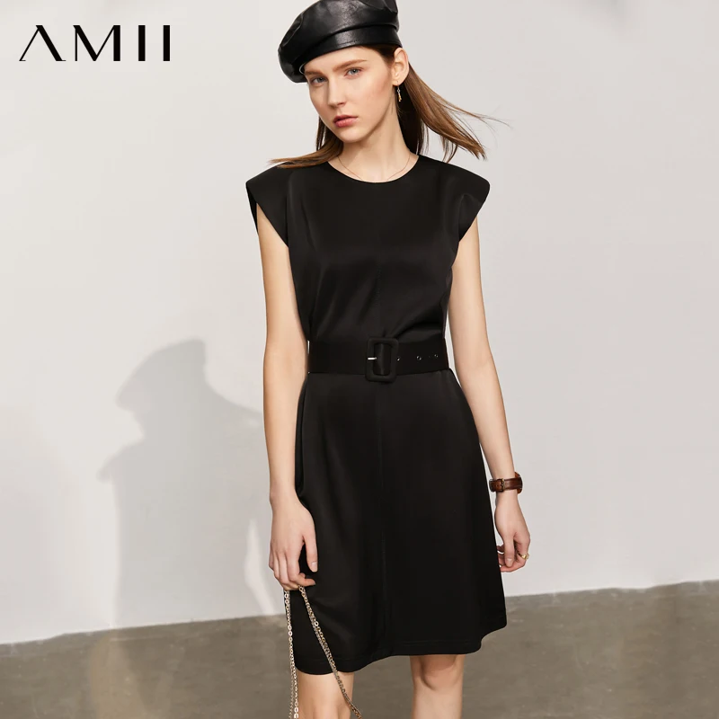 

Amii Minimalism Summer Dresses Women Elegant Oneck Sleeveless Mini Dress Office Lady Straight Sashes Women's Dress 12130211