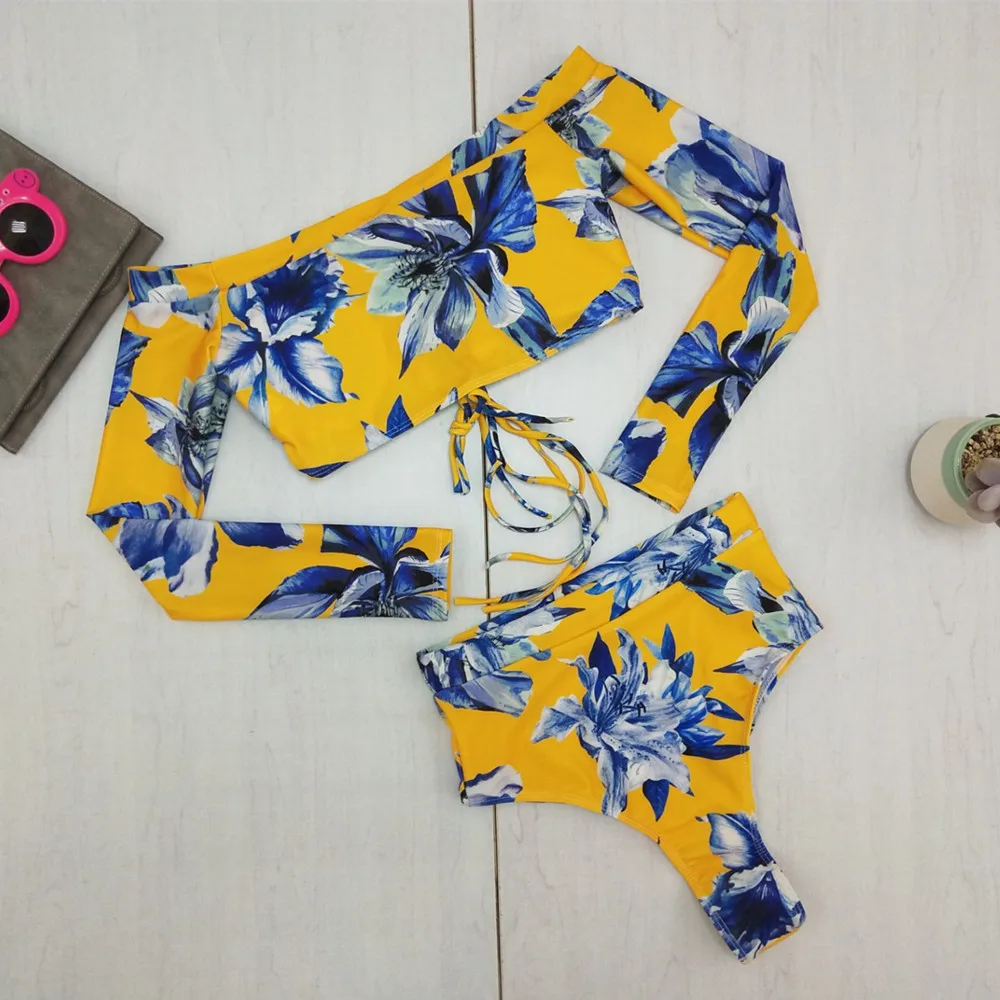 2019 желтого цвета с принтом в виде листьев Для женщин летние купальники бикини