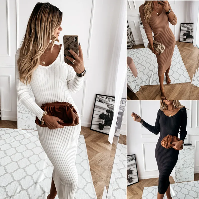 

Ladies Party Wear Elegant Sexy Slim Rib Camel Long Sleeved Dress 2020 Autumn And Winter V Neck Temperament Solid Color Pit Strip