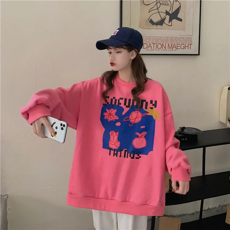 

XZ2279 Korean version loose lazy wind plus velvet thick letter printing mid-length long-sleeved Sweatshirts