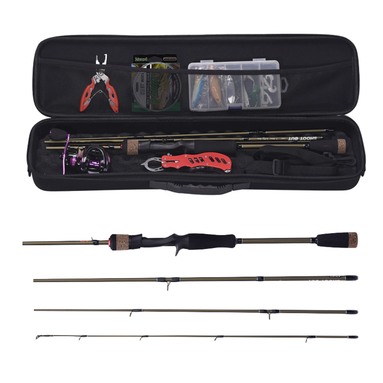 

1.8m-2.1m Portable Fishing Rod + Baitcasting Reel Fishing Wheel Hard Soft Lure Line Fishing Tackle Bag Set Kit Fishing Set