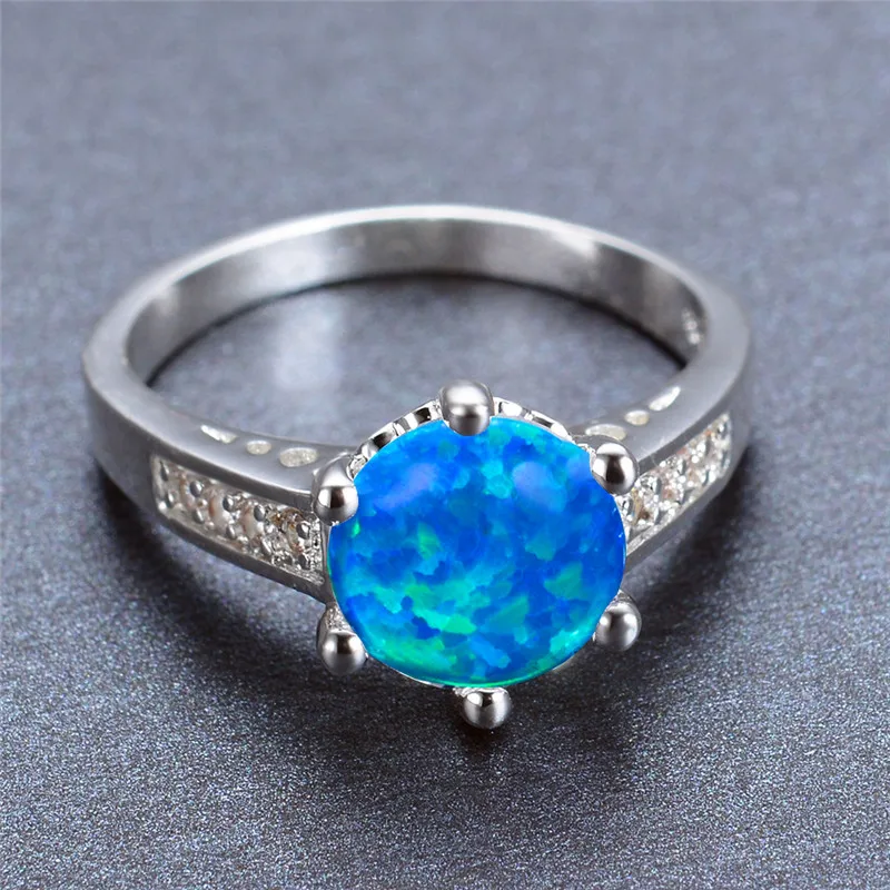 

Luxury Female Blue White Opal Jewelry Dainty Crystal Silver Color Wedding Rings For Women Cute Bridal Round Engagement Thin Ring