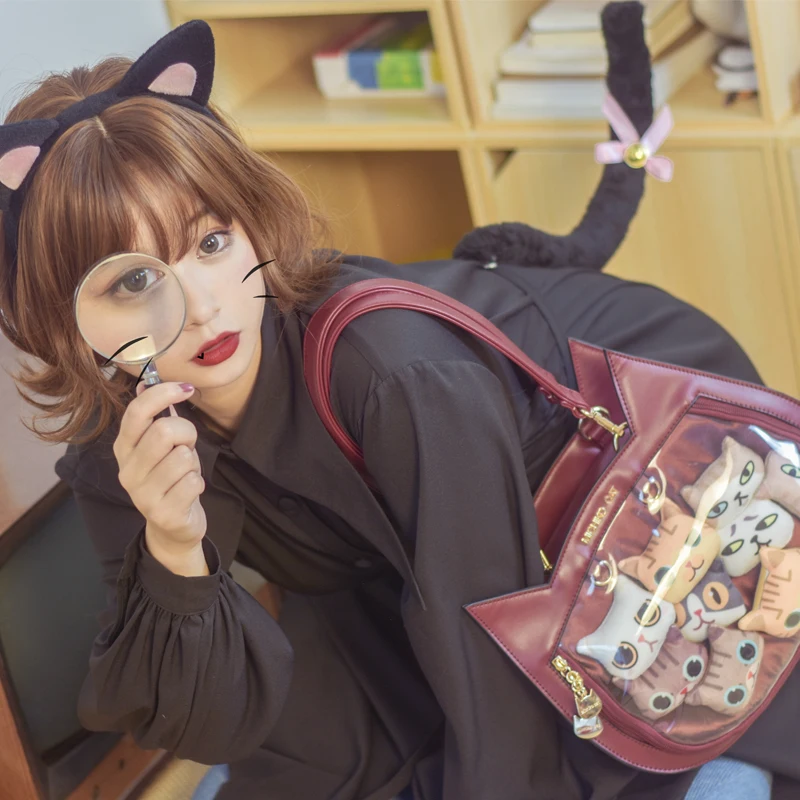 

3way Soft Girl Japanese Cute Cat Head Transparent Jelly Itabag Lolita Women's Messenger Bag Harajuku Kawaii Backpack JK Handbag