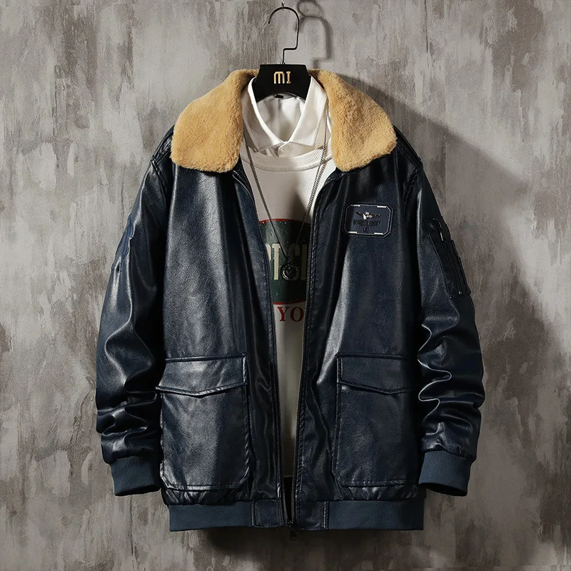 Ретро мотоциклетная кожаная куртка Мужская Флисовая осенне зимняя мода