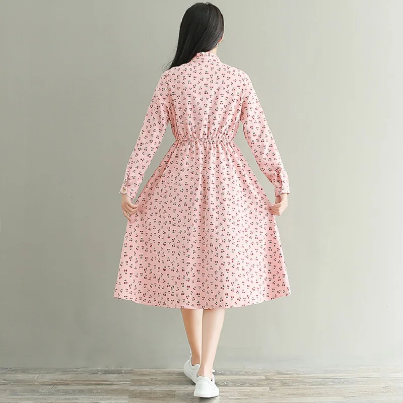 

Mori Girl Spring Autumn Women Sweet Dress Stand Collar Cherry Print Pink Femininos Vestidos Full Sleeve Corduroy Elegant Dresses