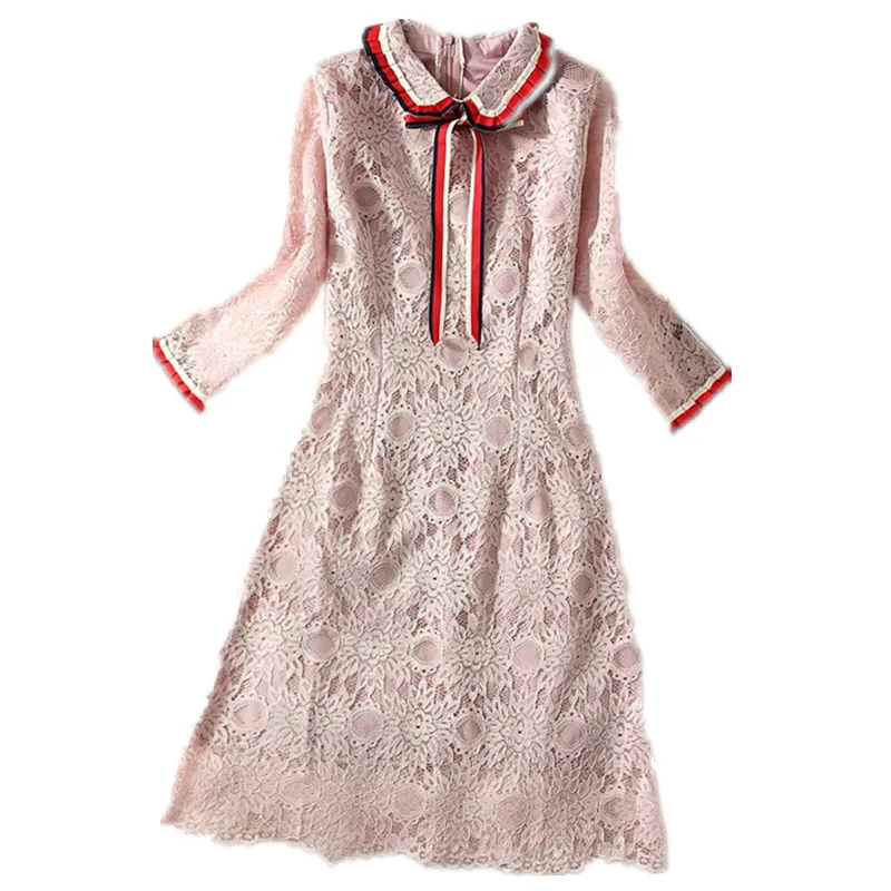 2019 осеннее Новое кружевное платье элегантное розовое женское тонкое вечернее