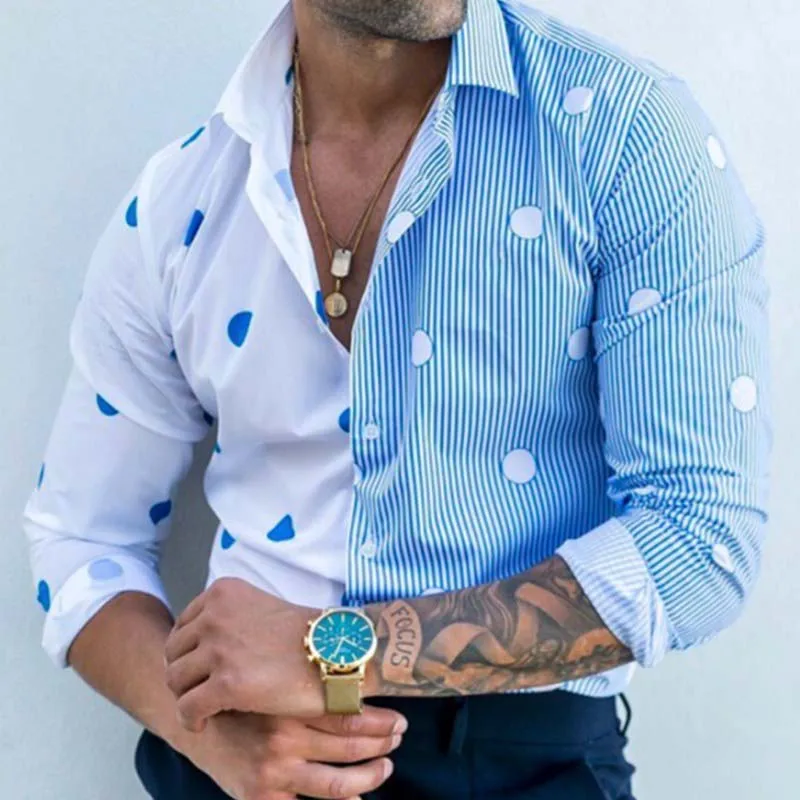 2021 Autumn Men Blue Striped Polka Dot Slim Long Sleeved Casual Shirts European American Lapel Button Dress shirt Male Blouse