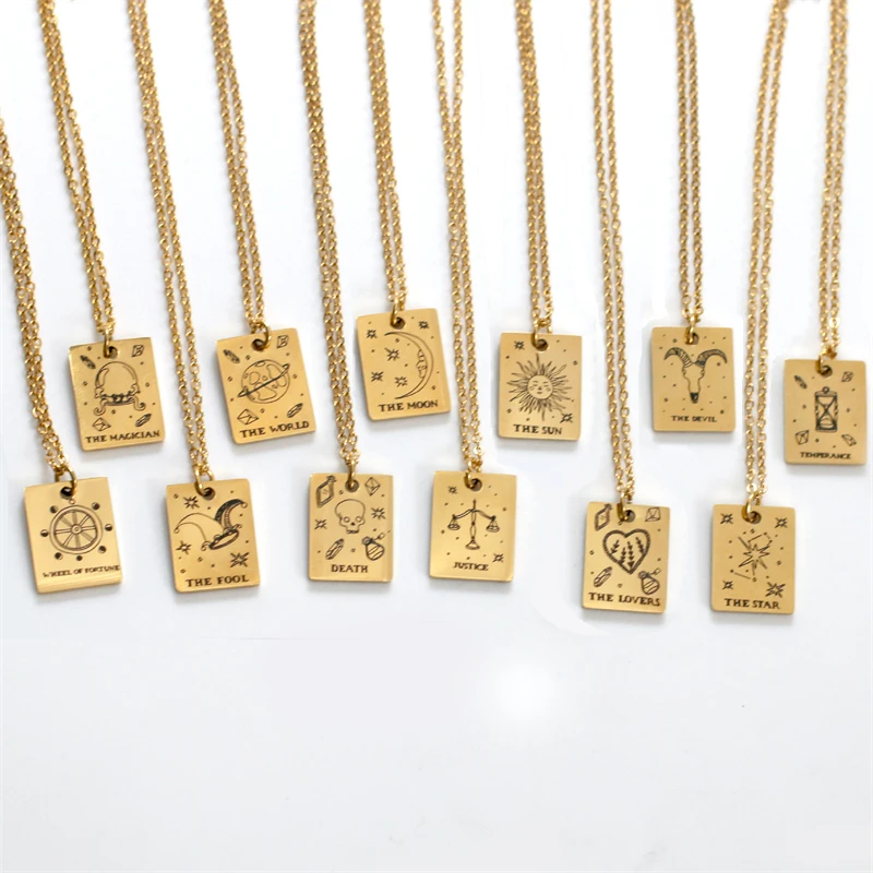 

Witchcraft Stainless Steel Square Pendant Tarot Cards Necklace Gold Plated 12 Zodiac Necklace Arcane Collar Jewelry Accessories