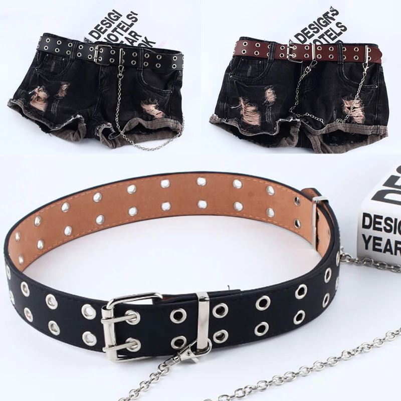 

Gothic Faux Leather Belt Lady Silver Pin Metal Punk Chain Ring Waist Strap Street Dance Decorate Belts For Women Girl Jeans