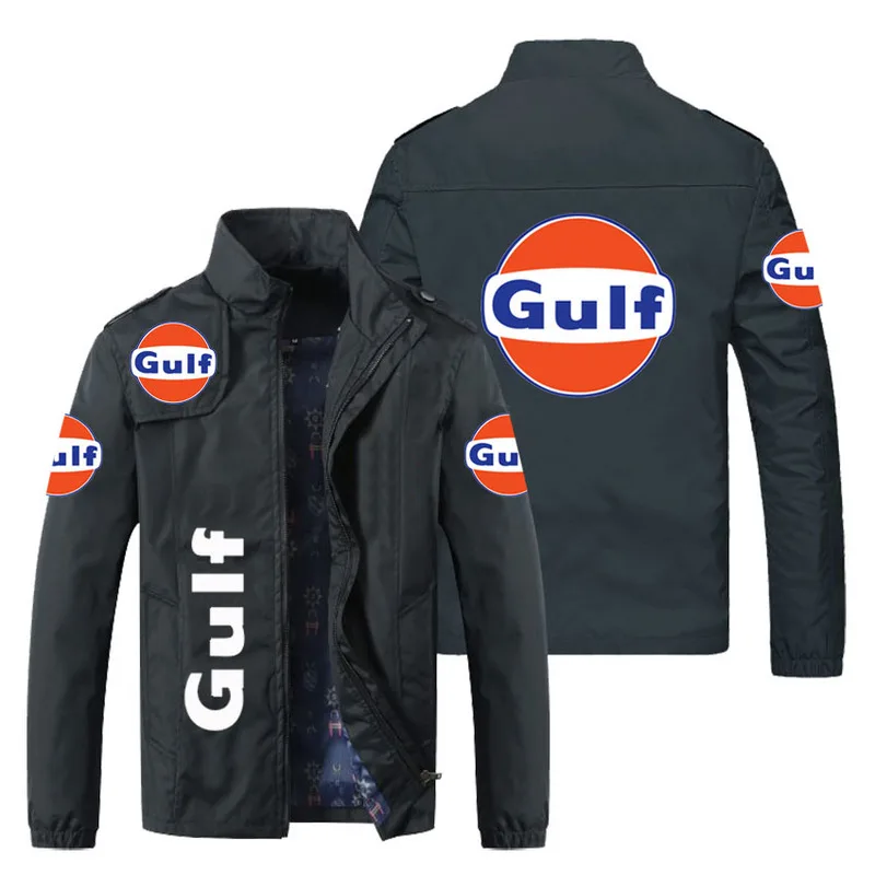 

2021 New Men Spring Autumn Gulf Logo Stand Collar Casual Sweatshirt Long Sleeve Zipper Cardigan Jacket