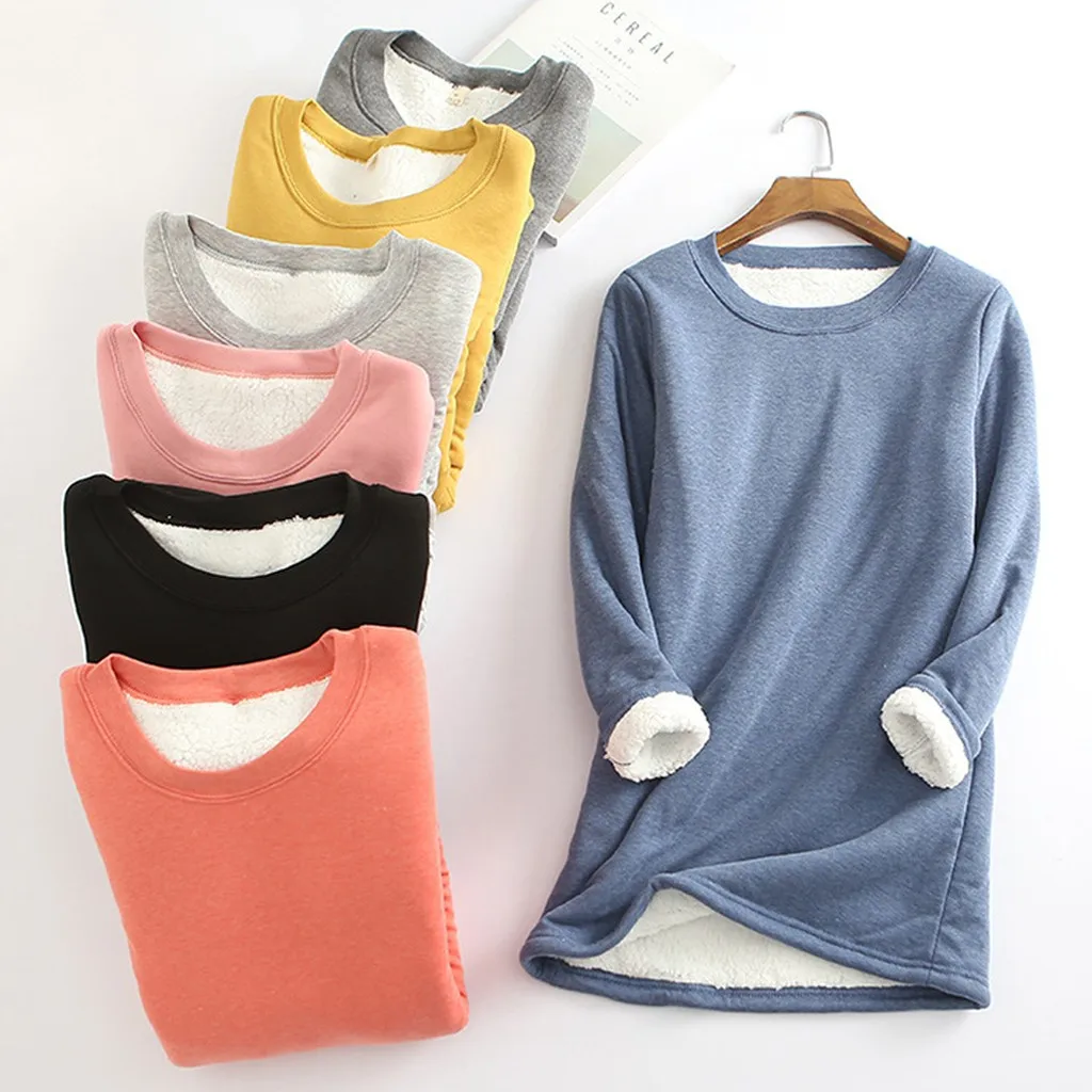 

2020 Winter Women Thick Fleece Sweatshirt Velvet Warm Solid O-neck Underwear Blouse Tops 2021