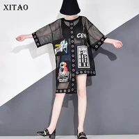 xitao hollow out splice grid women t shirt summer plus size streetwear korean style clothes print letter black net tops wbb3401