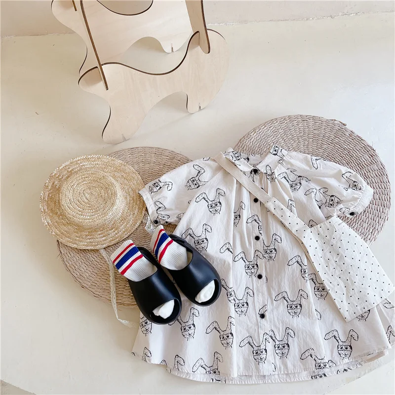 

Girls cartoon short sleeve dresses summer fashion children Single breasted loose dresses