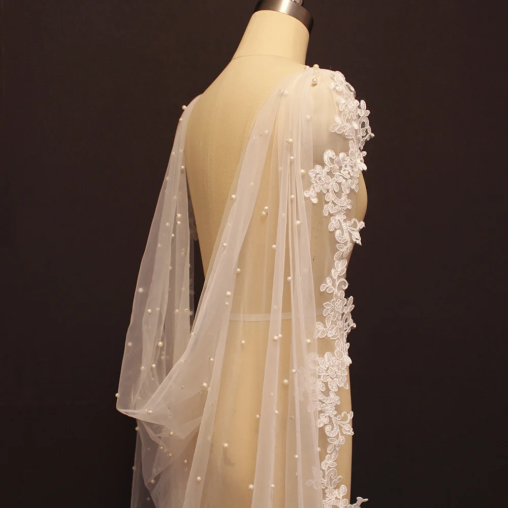 

Pearls Lace Long Wedding Cape 250CM White Ivory Wedding Bolero with Lace Pearls Bridal Cape for Wedding Dresses