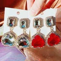 mengjiqiao korean fashion red heart crystal drop earrings for women girls elegant square rhinestone brincos party jewelry gifts