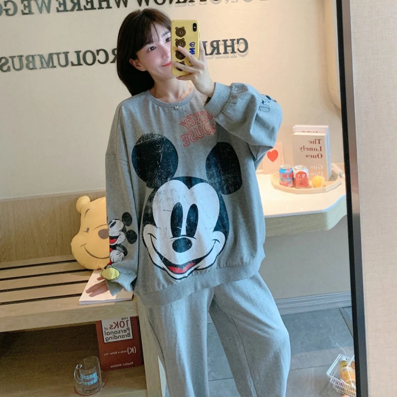 Disney Mickey Mouse Cute Kawaii Pajama Sets Autumn Spring Women Crewneck Long Sleeve Loose Christmas Pajamas Ladies Sleepwear