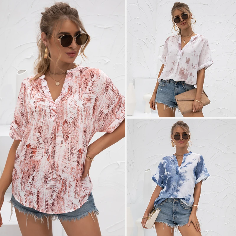 

Футболка женская шифоновая с коротким рукавом и глубоким V-образным вырезом