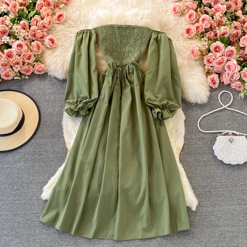 

Autumn Sexy Slash Neck Draped Strapless Midi Dress Women Green/Black/Khaki Off Shoulder Flare Long Sleeve Elegant Robe Female