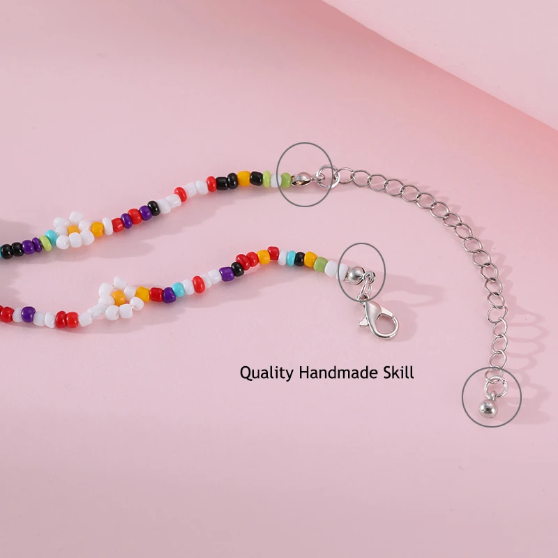 

2021 New Korea Lovely Daisy Flowers Colorful Beaded Boho Statement Short Choker Necklace for Women Vacation Jewelry