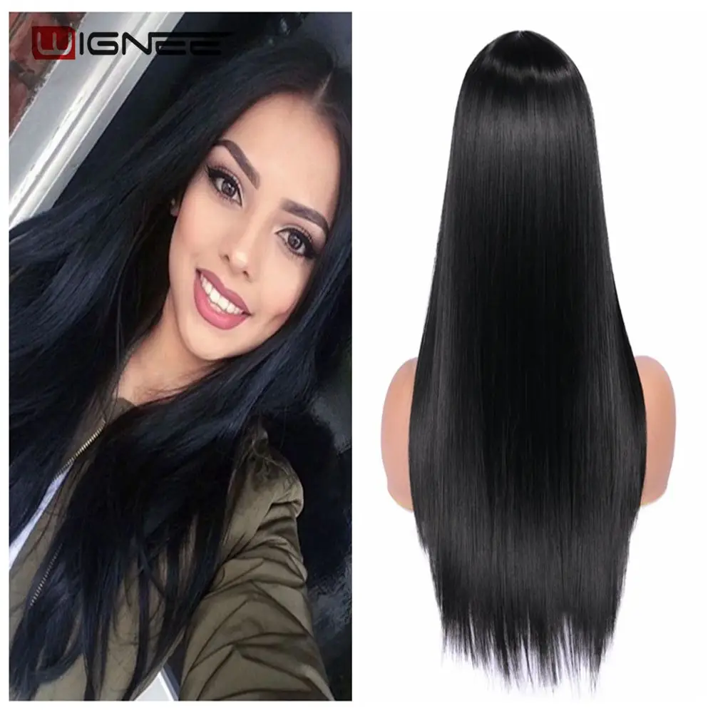 Wignee длинные термостойкие синтетические волокна прямые парики для женщин Ombre розовый/серый/Жук Glueless каждый день/Косплей натуральные волосы парик - Цвет: Угольно-черный