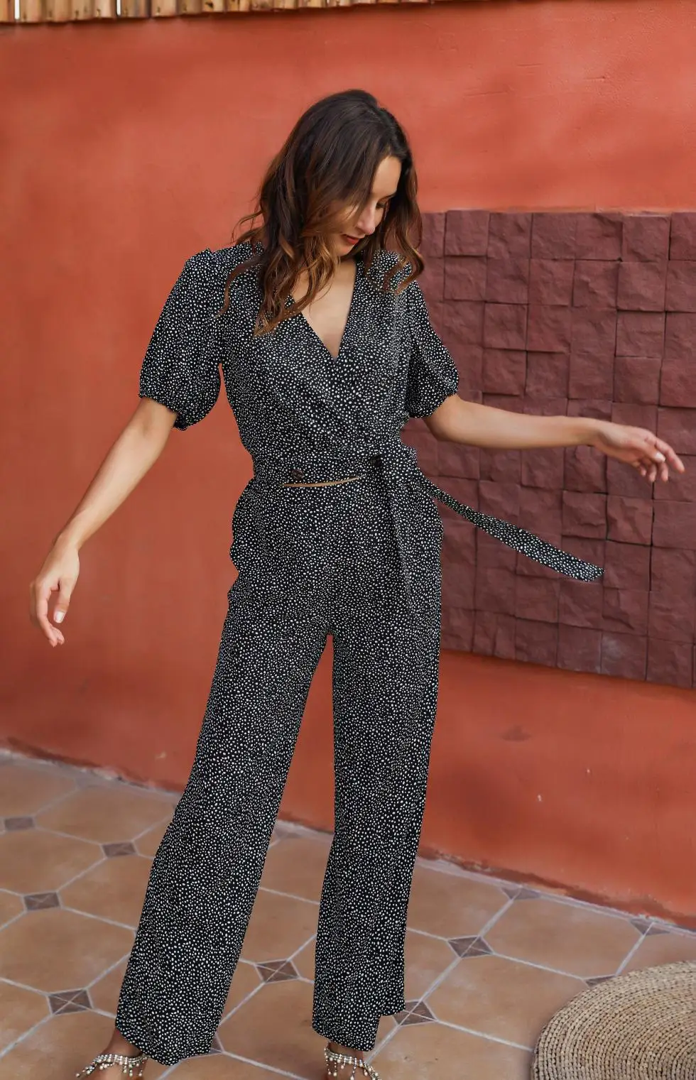 2020 European and American women's summer Jumpsuit short sleeve V-neck wide leg pants Jumpsuit