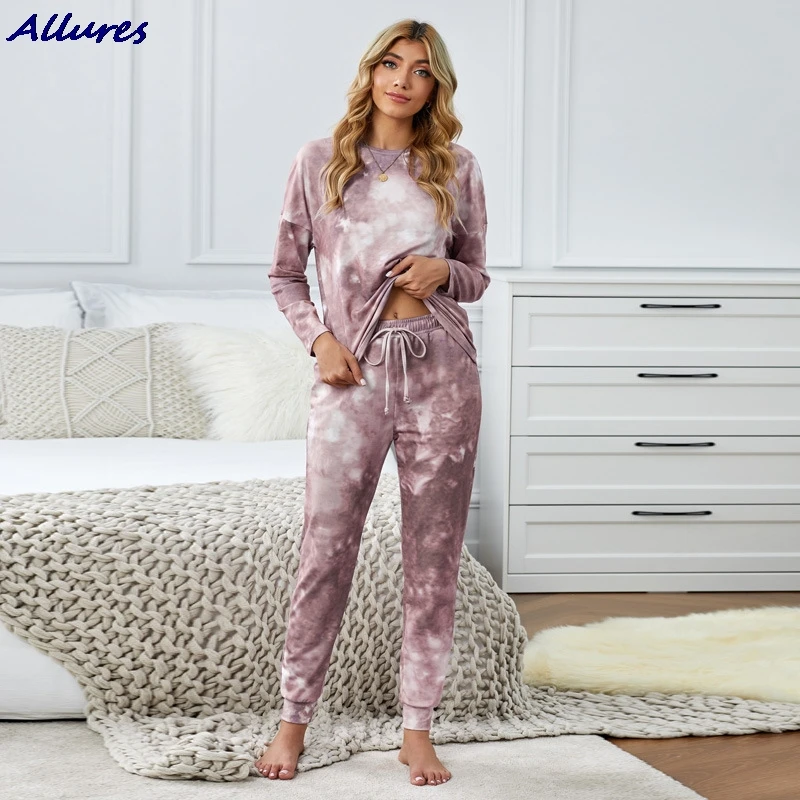 

Wear suits female household outside Europe and the United States new winter tie-dye printing long-sleeved pants fission pajamas