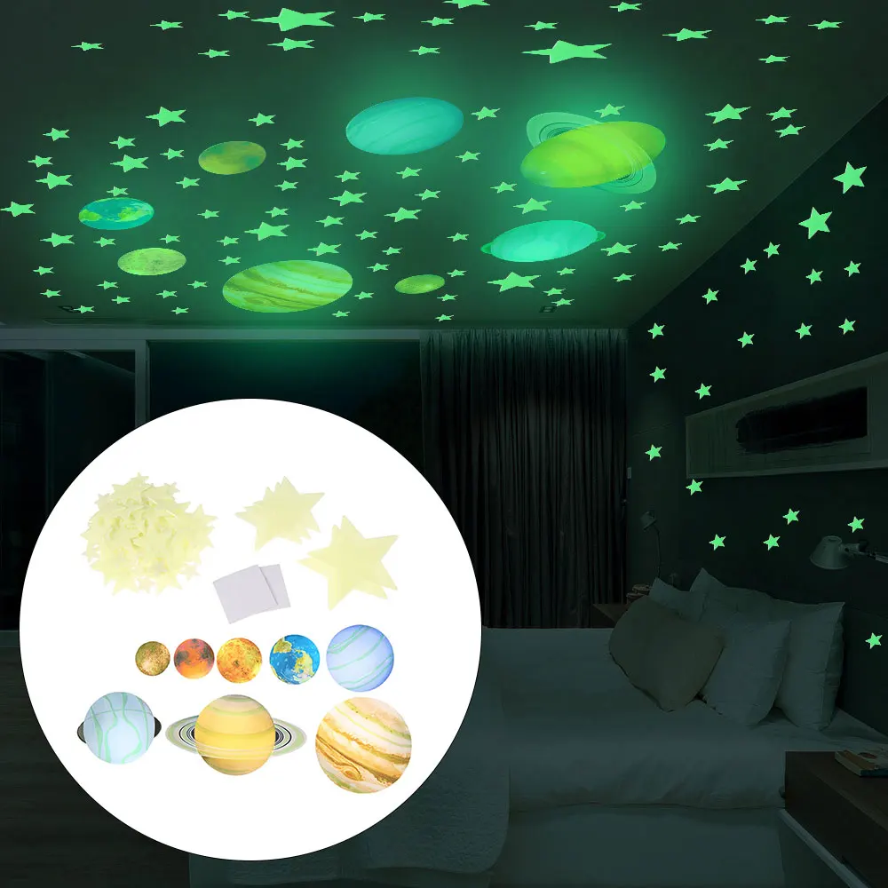 Светящиеся луна и звезды наклейки на стену дети спальня флуоресцентный светится