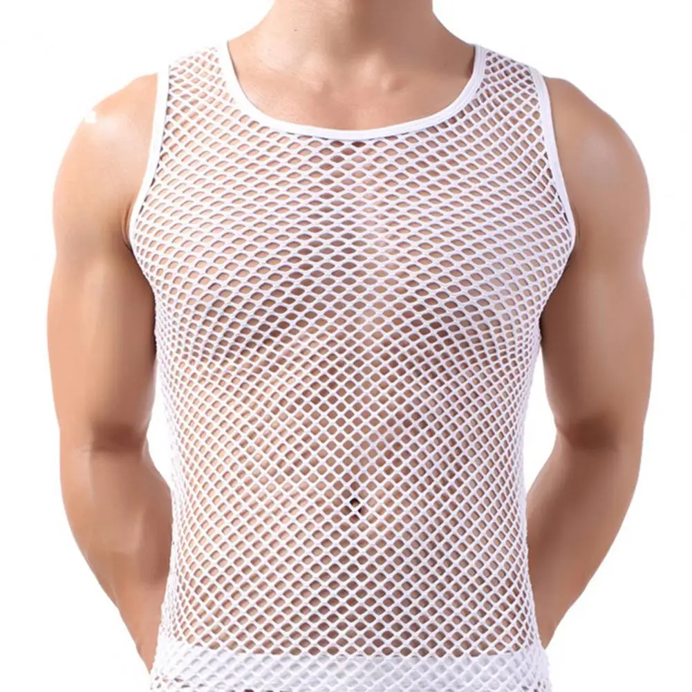 

Men Undershirt Mesh See-Through Sleepwear Fish Net Pure Color Vest Mens Sexy Mesh See-Through Shirts Short Sleeve Nightclub Tops