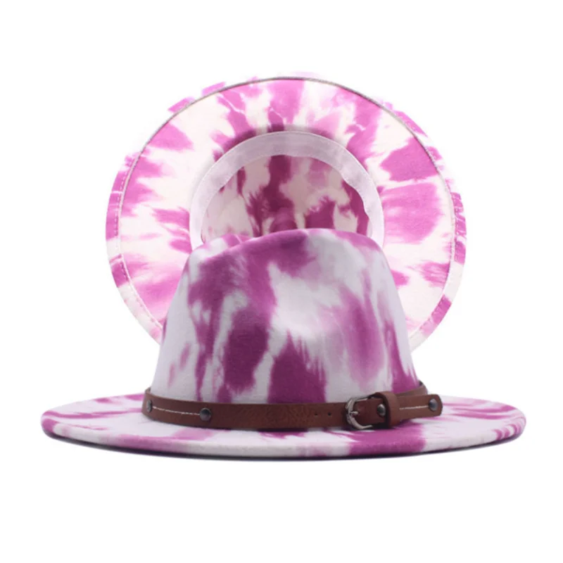 

Tie Dyed Men's Fashion Wide Edge Cowboy Church Jazz Panama Fedora Wool Felt Hat Spring Belt decoration Hat